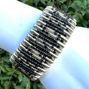 safety pin black and silver tone stretchy bracelet
